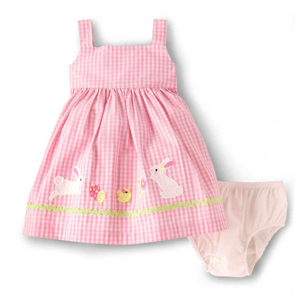 Gymboree Baby Girls Gingham Embroidered Bunny Dress - Pink Ribbon - Size 0-3M
